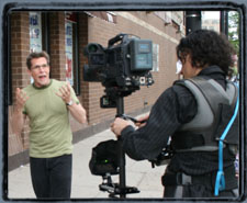 Executing a walk-and-talk on Blue Island Ave with the crew from Luminar Productions.